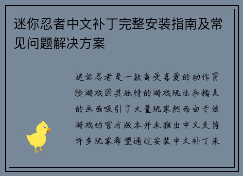 迷你忍者中文补丁完整安装指南及常见问题解决方案